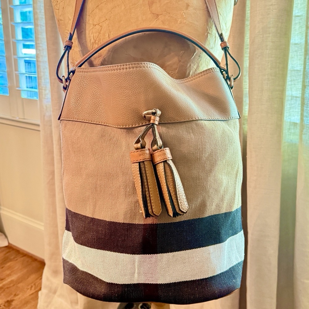 Burberry Ashby Medium Mega Check Bucket Hobo Bag Brown Leather w/ Pouch Strap